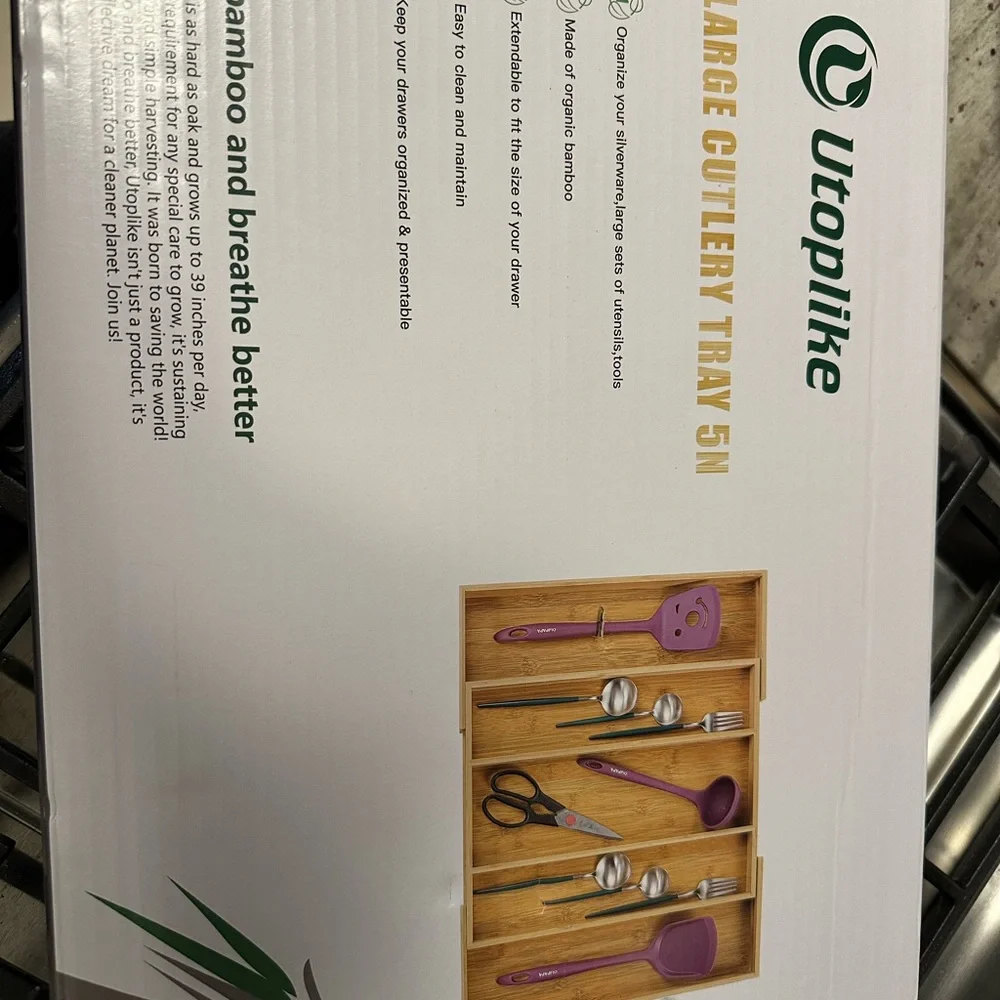 Bamboo Cutlery Tray Organizer with Purple Utensils